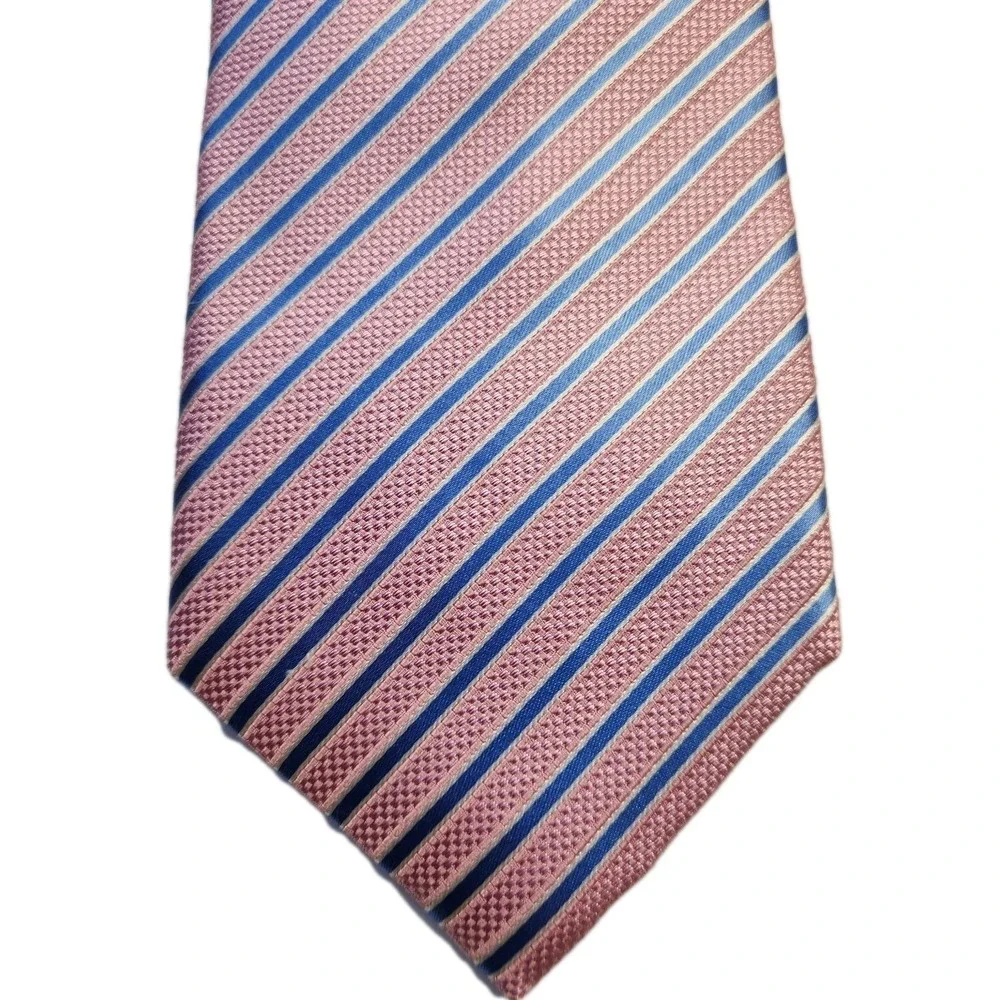 Tasso Elba 100% Silk Striped Repp Tie Hand‎ Made Pink Blue Stripes Mens Necktie